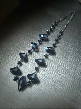 Faceted Black Geometric Bead Silver-Tone Link Chain Necklace